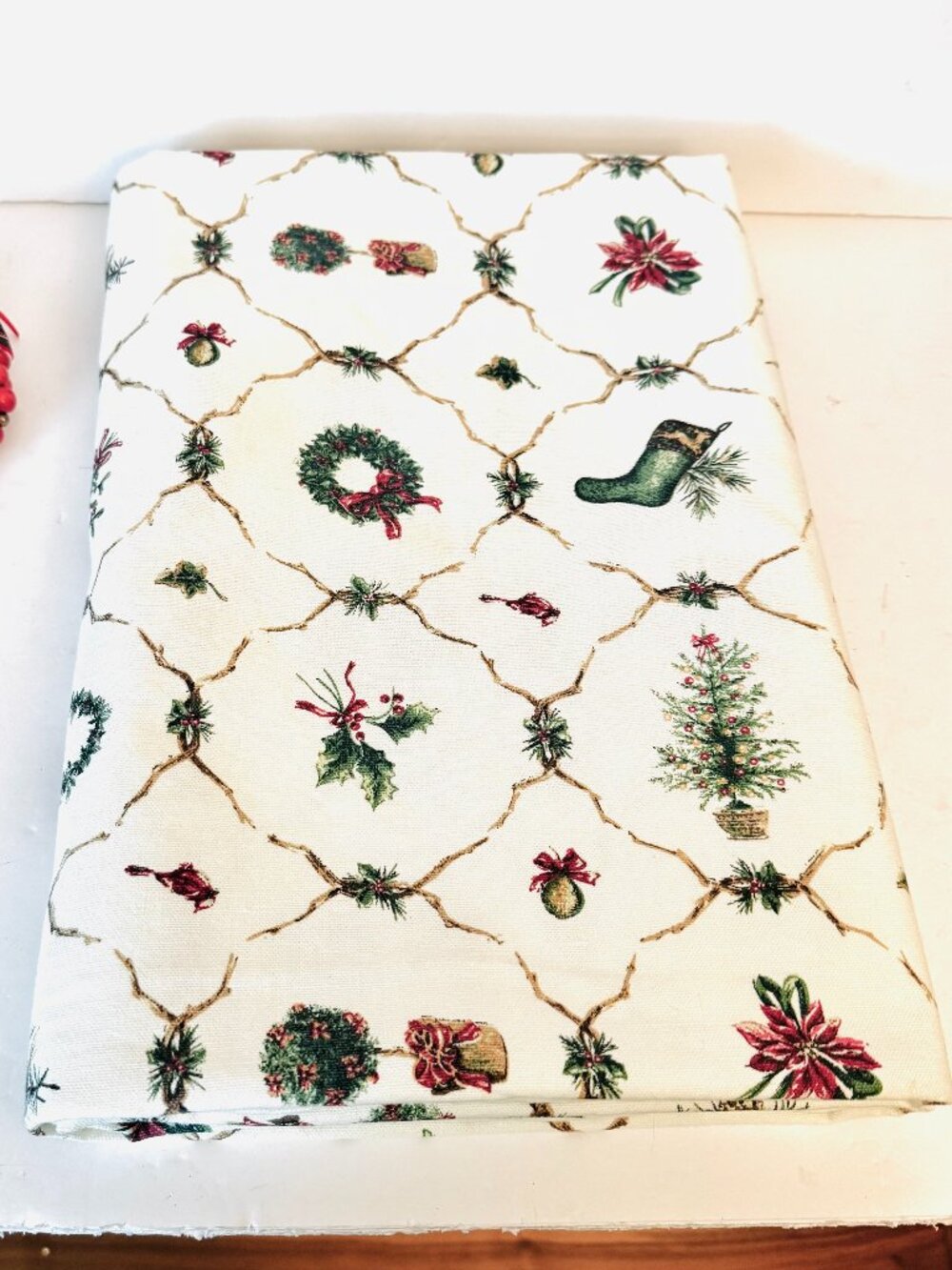 Vtg Christmas Tablecloth Themed Pattern 116x62" Cotton Red Green on Cream Color